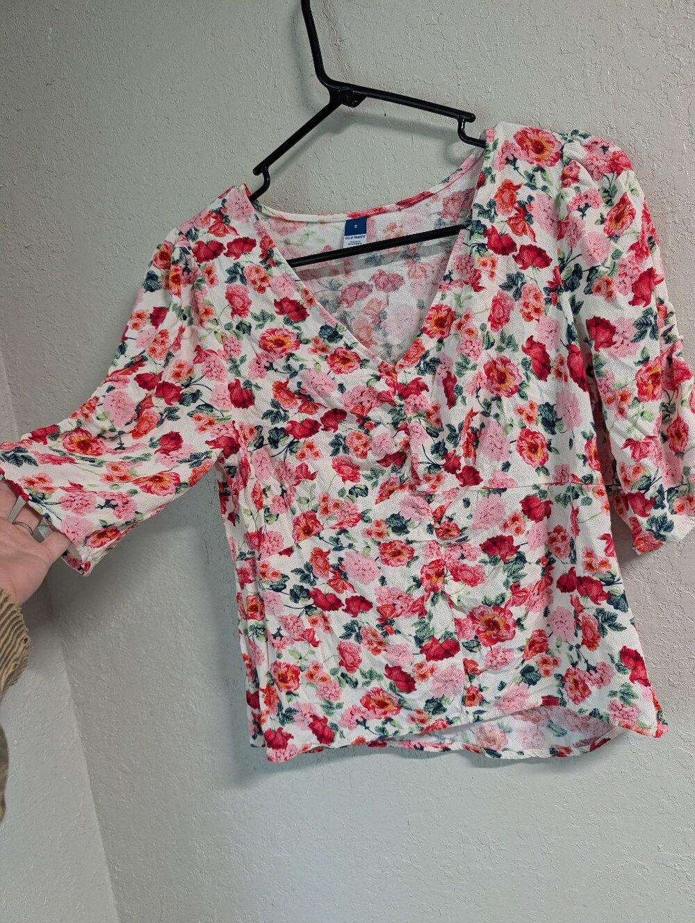 Floral Ruched Top S Pink V Neck Flowy Feminine Coquette Dainty Cottage Fairy